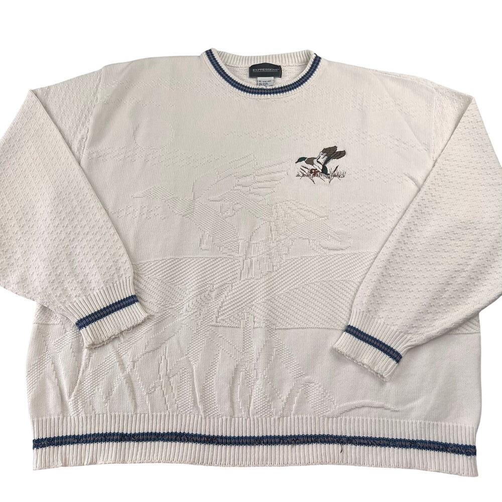 Expressions Vintage Embroidered Duck Nature White knit Sweater Men's size XL